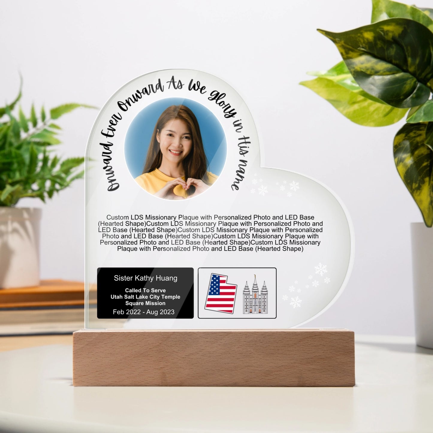 Custom LDS Missionary Plaque with Personalized Photo and LED Base (Hearted Shape)