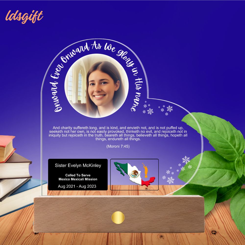 Custom LDS Missionary Plaque with Personalized Photo and LED Base (Hearted Shape)