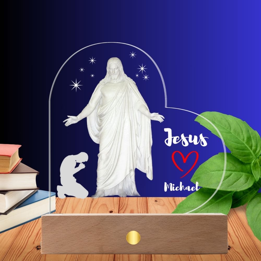 Jesus Loves Me - Heart-Shaped Acrylic Plaque with LED Wooden Base