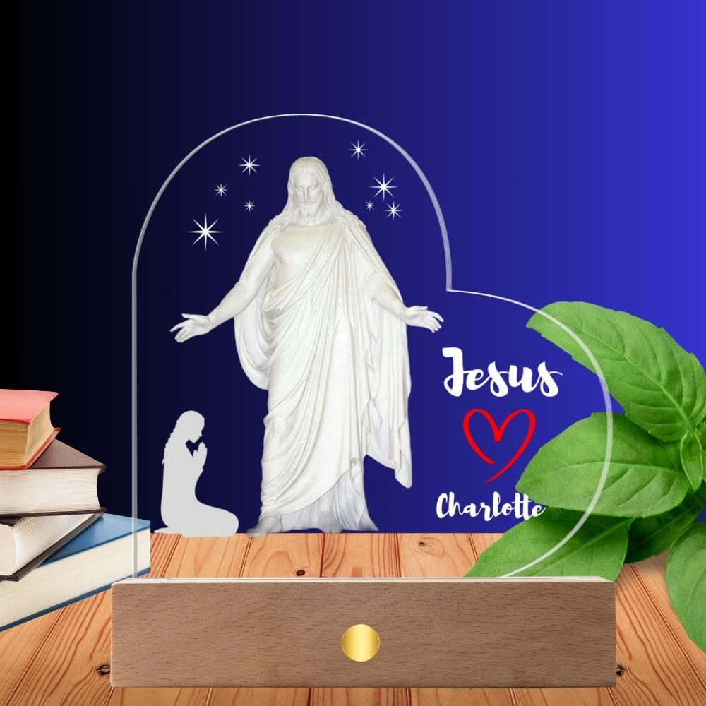 Jesus Loves Me - Heart-Shaped Acrylic Plaque with LED Wooden Base