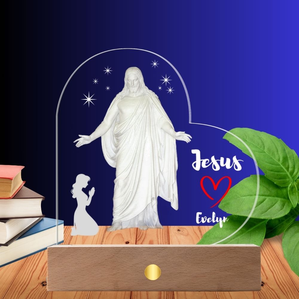Jesus Loves Me - Heart-Shaped Acrylic Plaque with LED Wooden Base