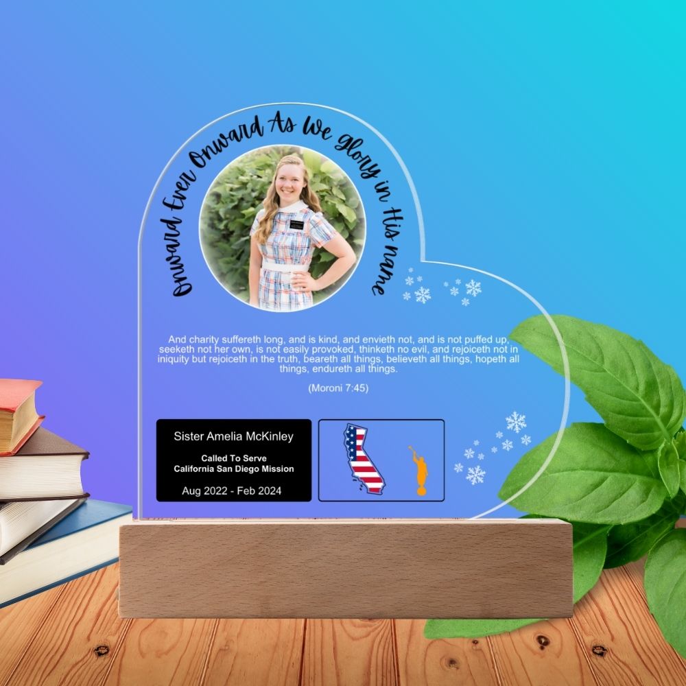 Custom LDS Missionary Plaque with Personalized Photo and LED Base (Hearted Shape)