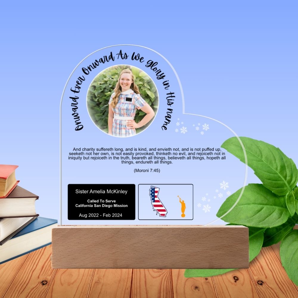 Custom LDS Missionary Plaque with Personalized Photo and LED Base (Hearted Shape)