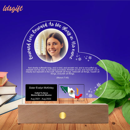 Custom LDS Missionary Plaque with Personalized Photo and LED Base (Hearted Shape)