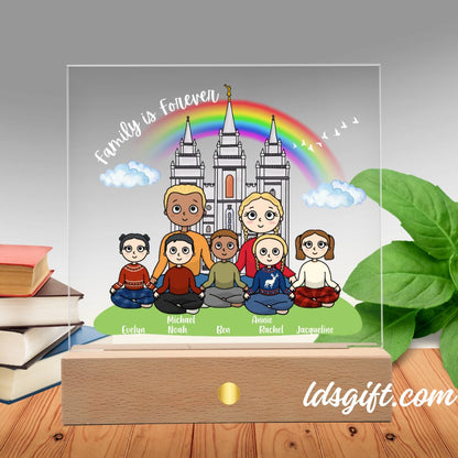 Family Is Forever - Kawaii-style Acrylic Square Plaque with LED Wooden Base