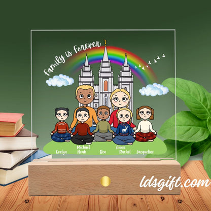 Family Is Forever - Kawaii-style Acrylic Square Plaque with LED Wooden Base